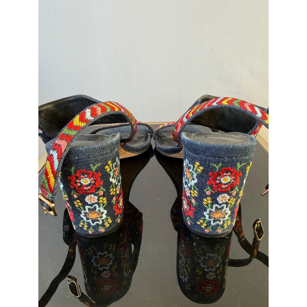 Vaneli Blue Denim Embroidered Floral Block Heel Sandals Boho Slingback Shoes - Picture 6 of 7
